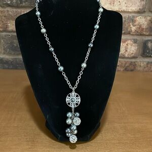 Cezanne pewter and grey faux pearl silver tone y necklace